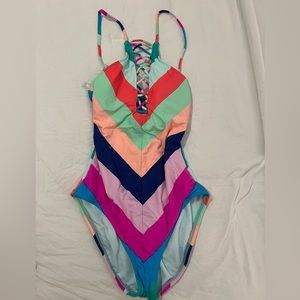 Striped Racerfront Criss Cross Strap One Piece Swimsuit